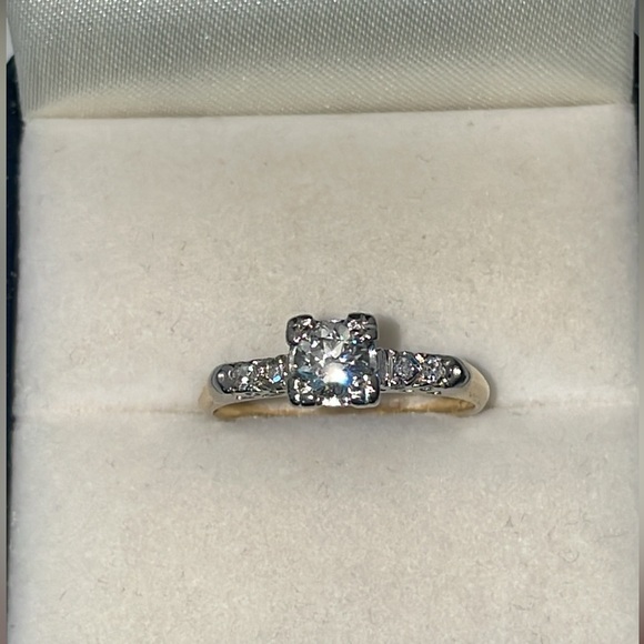 Antique Solid 14K Yellow White Gold Natural Diamond Engagement Wedding Ring - Picture 8 of 17